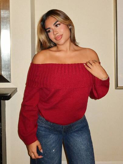 Maria Perezxox 休闲露肩女士纯色长袖毛衣，秋季外出，舒适秋冬时尚红色上衣，秋季，秋冬圣诞节时尚新年