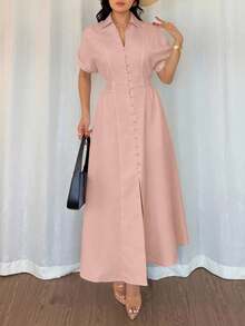 Rafferiza 女式休闲衬衫裙，前襟纽扣，插肩袖，收腰设计 - 粉色 - 查看 3