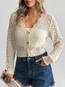 SHEIN Cardigan kimono leggero e traforato da donna con scollo a V e bottoni davanti, lunghezza corta, capo estivo traspirante da sovrapporre per uno stile casual alla moda europeo - Bianco - Visualizzare 3