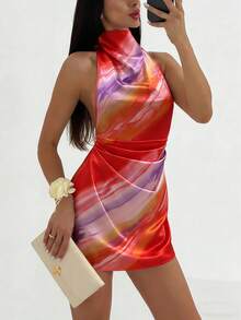 SHEIN Glamour Pink And Red Gradient Halter Neck Sleeveless Dress,70s Summer Satin Silky Fitted Mini With Waist Ruching,Night Out Party Beach Vacation Outfit,Women's - Orange - View 3