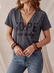 SHEIN LUNE Của phụ nữ Xám Ngắn tay In Liên hoan âm nhạc Lá thư Áo thun Áo sơ mi Cho mùa xuân Và Mùa hè - Màu xám đen - Xem 6