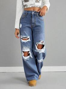 Tween GirlsBlue Distressed Loose Fit Jeans - Medium Wash - View 4