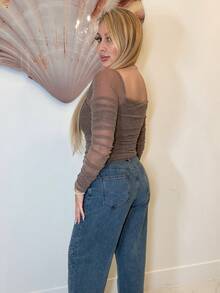 Cioccolato 拼接網紗褶邊金屬亮絲上衣 - 摩卡棕 - 查看 2