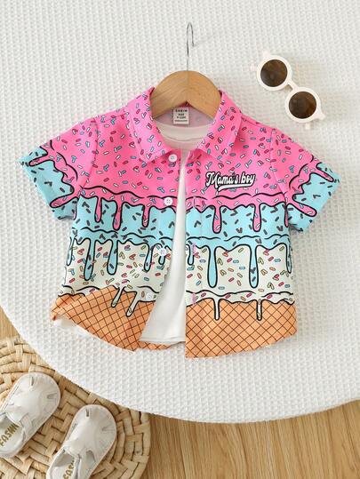 SHEIN 男女宝宝春夏休闲可爱冰淇淋印花短袖衬衫上衣，搭配夏威夷风情短裙，短袖上衣