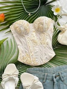 Soleia 优雅的3D立体花卉鱼骨纹文胸上衣，夏季 - 杏色 - 查看 1