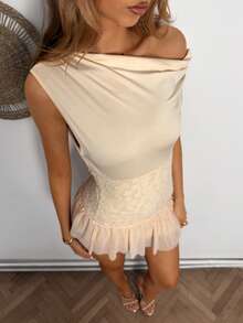 EgrlEra Women's Fashion Lace Patchwork Vacation Dress - Apricot - View 3