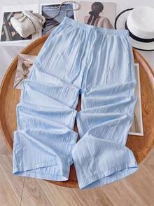 Lyxana Women's Solid Color Casual Bow Embroidered Straight Leg Pants - Blue - View 7