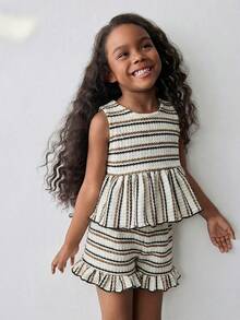 Maija Kids Maija Kids 女童夏季休闲条纹蝴蝶结装饰吊带背心和短裤套装 - 白色 - 查看 6