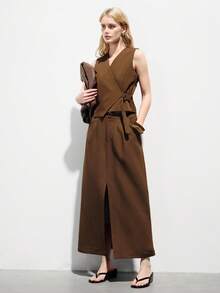 Aveloria Modichic 焦糖棕色极简都市风束腰裹身无袖背心+直筒长裙套装，不对称翻领简约休闲通勤百搭背心套装 - 咖啡棕 - 查看 5