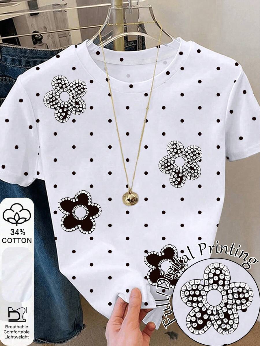 Resyla Áo thun nữ kiểu dáng thường ngày, chấm bi và họa tiết hoa, thích hợp cho mùa hè. - Nhiều màu - Xem 1