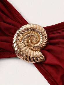 Swim Chiccia Plus Size 3 PiecesElegant Brown Metal Buckle Decorated One-Piece Swimsuit, Can Be Worn Separately With Outfits, Suitable For Party And Holiday - Red - View 6