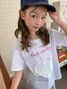 Dazy Kids Tween Girl Heart Decor Letter Print Short Sleeve T-Shirt Summer - Navy Blue - View 5