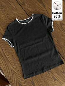 SHEIN EZwear 3件組女款休閒白色與棕色對比色T恤，時尚夏季日常舒適棉質上衣，度假搭配必備 - 彩色 - 查看 7