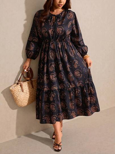Elaquor 大码女式休闲露背灯笼袖系腰带腰果印花连衣裙