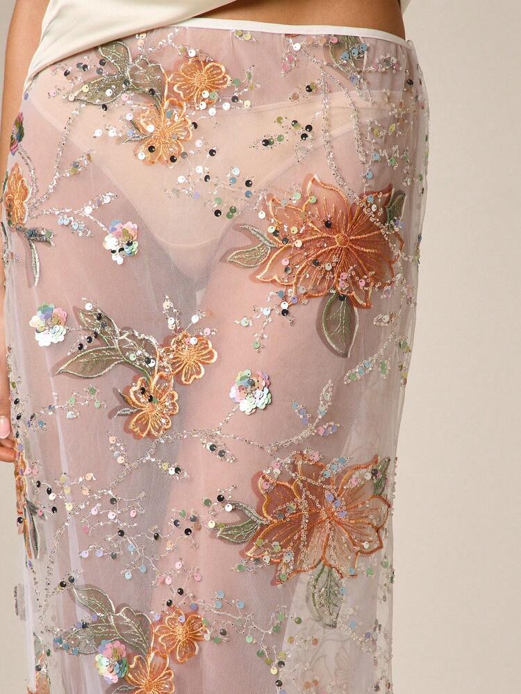 Sequin Floral Midi Skirt With Beading