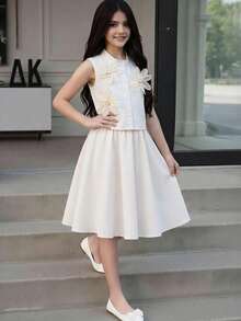 少女花卉贴花背心和A字裙套装 - 杏色 - 查看 5