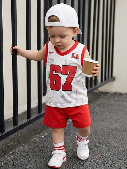 SHEIN 2pcs/Set Infant Toddler Boys Casual Sports 23 Graphic V-Neck Short Sleeve T-Shirt And Shorts Set, Baby Boy Clothes, Street Style, Sportswear, Summer Outfit, 0-3 Years Old Boy Basketball Jersey Boys 2 Piece Set Basketball Outfit Set Toddler Boy Outfit Boy Summer Sets