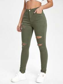 SHEIN ICON Black Slant Pocket Ripped Skinny Jeans Ripped Jeans For Women High Waist - Army Green - View 4