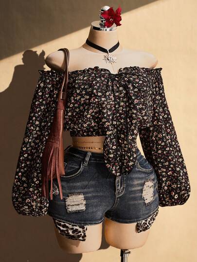 SHEIN ICON Women's Plus Size Spring/Summer Retro Sexy Millennial Style Y2K Beach Vacation Bohemian Music Festival Outfit Tie-Up Off-Shoulder Lantern Sleeve Small Floral Print Top