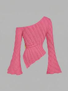 Sweetra Solid Color Flare Sleeve Slim Fit T-Shirt - Hot Pink - View 2