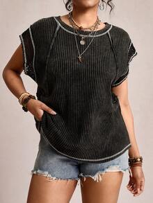 Freevana Women's Plus-Size Black Summer Boho Holiday Rave Cotton T-Shirt, Batwing Lace Sleeve Reverse Stitch Top, Round Neck Loose Casual Retro Knitted Concert - Black - View 4