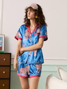 Young Casual Leopard & Tiger Animal Print Satin Lapel Robe Sleepwear, Animal Pattern Loungewear Set For Women - Multicolor - View 3