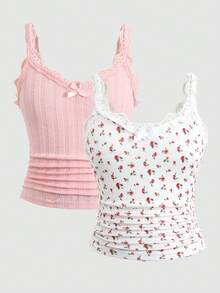 SHEIN Tween Girl Fitted Casual Comfortable Lace Trim 2 Pieces Camisole Set Cute Tops Ribbed Tops Lace Trim Tops - Multicolor - View 1