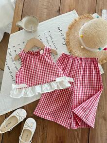 SHEIN LMoss Kids 女宝宝夏季可爱粉白格子荷叶边无袖上衣和松紧腰宽松裤套装 - 玫紅色 - 查看 1