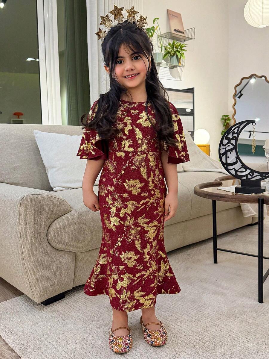 Dazy Kids 女童优雅花卉纹理圆领鱼尾中长连衣裙，夏季 - 紅色 - 查看 1