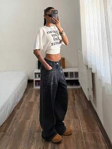 Muchica Black Versatile All-Match Women's Rhinestone Embellished Wide Leg Jeans, Spring Clothes Women,Street Wear - Black - View 4