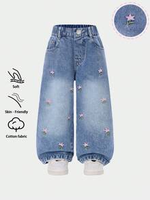 SHEIN 女童可爱花卉刺绣牛仔裤，轻盈舒适，中度水洗蓝色，甜美休闲街头风，松紧腰带，花卉刺绣，基础五口袋设计，柔软棉质牛仔面料，适合日常、聚会、上学、通勤等场合，2026春夏新款 - 中等水洗藍 - 查看 1