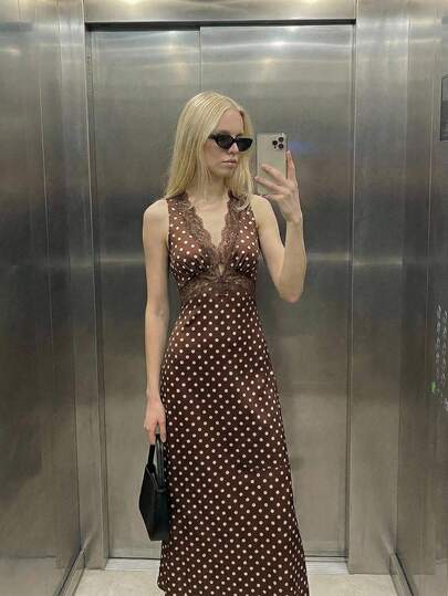 Maija Vestido midi con cuello en V y lunares marrones con ribete de encaje para mujeres
