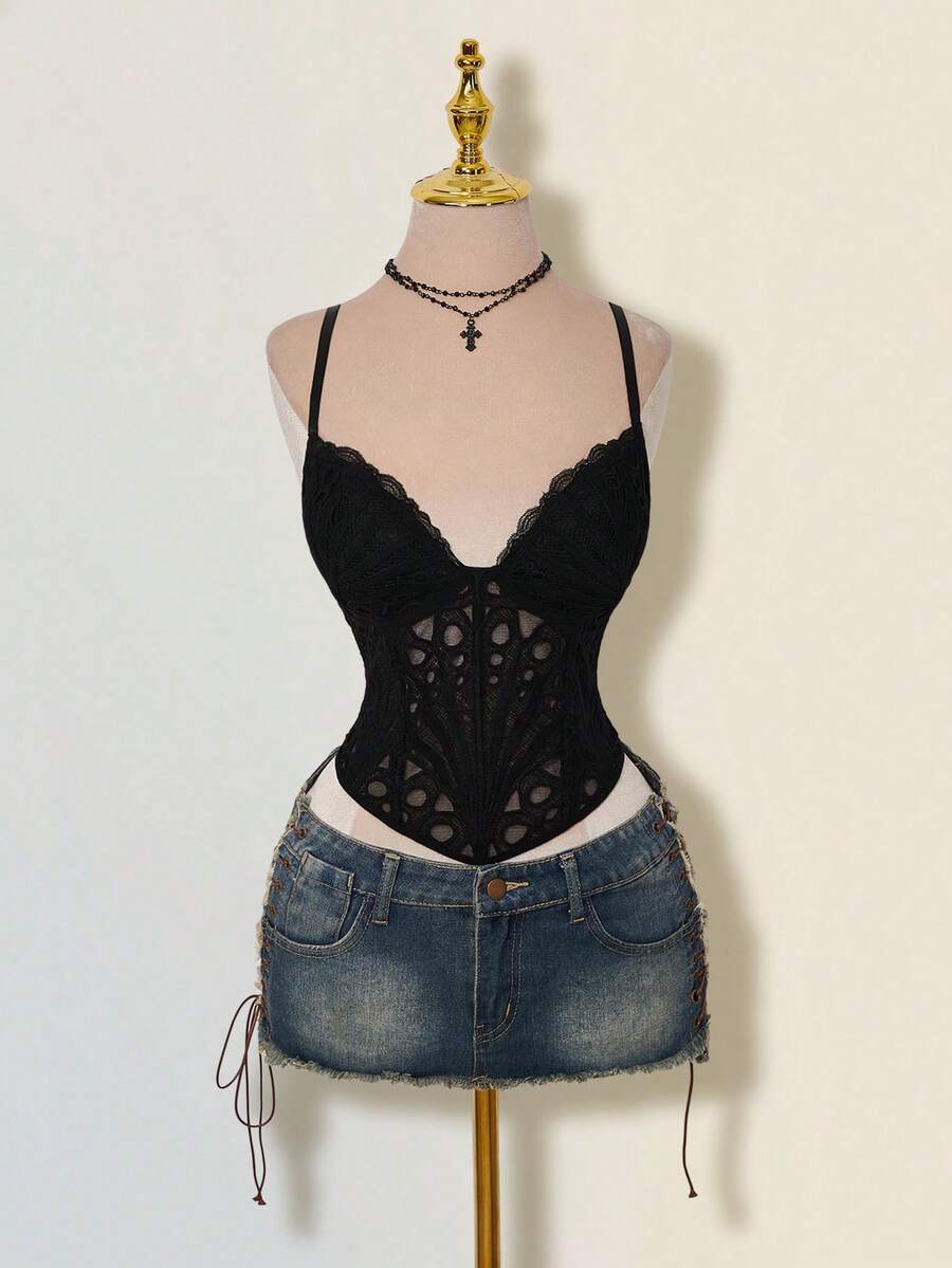 SHEIN ICON 女士修身提花蕾丝钢圈胸衣吊带背心 - 黑色 - 查看 1