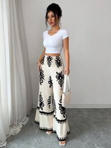 SHEIN Elenzya Quần ống rộng cạp cao in họa tiết thanh lịch dành cho nữ, thích hợp cho kỳ nghỉ xuân/hè. - Nhiều màu - Xem 4