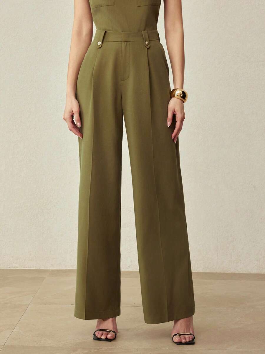 MOTF PREMIUM QUẦN VEST VẢI LINEN XUÂN/HÈ VỚI KHUY CÚC KIM LOẠI TRANG TRÍ, KIỂU CỔ ĐIỂN - Màu xanh Ô liu - Xem 2