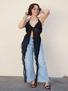 Lupita Cardoza Summer's Sexy Boho Chic Ruffle Hem Floral Print Halter Backless Top Rave Top Rave Outfits Festival Rave Outfits Women Summer Top Boho Top Boho Women's Clothing Bohemian Clothes - Black - View 4