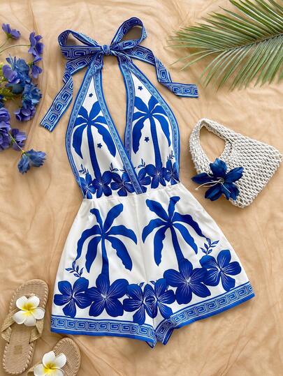 Soleia Bộ jumpsuit dáng chữ A cổ chữ V thắt nơ, họa tiết hoa xanh trắng mới, phong cách Bohemian, Boho, lãng mạn.