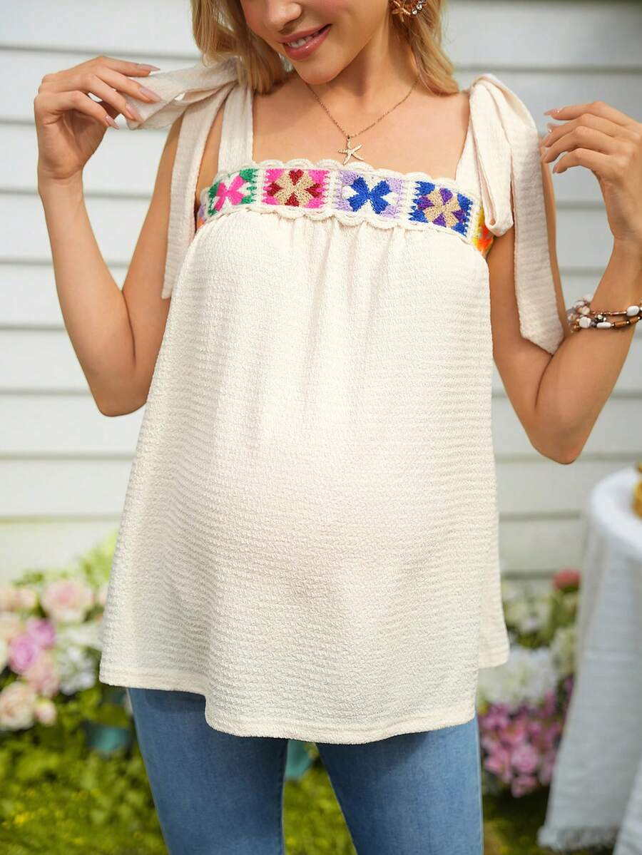 SHEIN 孕妇款女士刺绣休闲吊带背心 - 杏色 - 查看 1