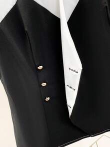 Franclia Damen Kontrast-Farbe Einreihige Ärmellose Lässiges Elegantes Hemd - Schwarz und Weiss - Übersicht 6