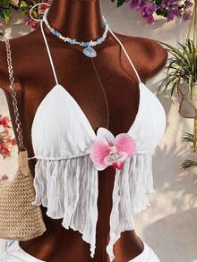 Amplova New Vacation Style Women's Sexy Backless Top With Front Tie And Asymmetrical Hem, Paired With Low-Waist Pleated Skirt Set - Multicolor - View 5