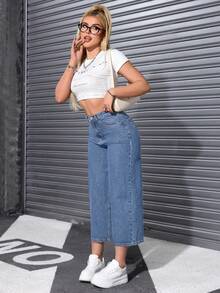 Rivivi Women's Pocket Button Casual Versatile Daily Wear Wide Leg Jeans - Medium Wash - View 3