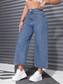 Rivivi Women's Pocket Button Casual Versatile Daily Wear Wide Leg Jeans - Medium Wash - View 5