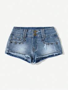 Rivivi 女士低腰时尚Y2K休闲牛仔短裤 - 淺色水洗藍 - 查看 4