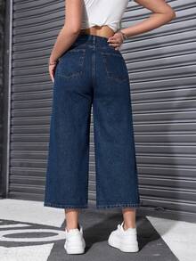 Rivivi Quần jeans nữ cạp cao, ống rộng, dáng suông, thoải mái - Rửa tối - Xem 2