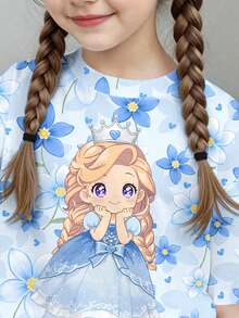 SHEIN Imprimé floral bleu mignon, imprimé de la princesse reine des neiges de dessin animé Frozen, ensemble assorti pour sœurs et meilleures amies, t-shirt à manches courtes et short 2 pièces style minimaliste décontracté pour jeune fille, adapté pour l'été - Multicolore - Voir 5