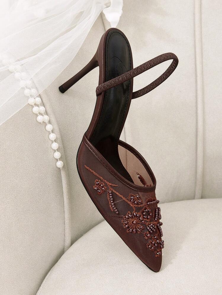 CUCCOO HITCHD Women Shoes Spring Summer Elegant Pearl Embroidery Pointed Stiletto Shallow Mesh 9cm Women's High Heel Shoes Daily Dating Party Wedding