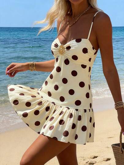SHEIN EZwear Women's Vintage Brown Polka Dot V-Neck Sleeveless Dress, Decorated With Pleated Floral Pattern, Layered Ruffle Hem, Elegant French Beach Resort Style, Sexy For Party, Music Festival, Valentine's Date, Casual Romantic Mini Dress For Spring/Summer