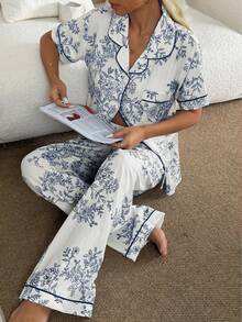 Conjunto de Pijama de Manga Curta com Estampa Floral Bolha e Enrugada - Branco - Visão 5
