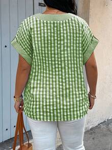 SHEIN LUNE Plus Size Women's Spring/Summer Casual Plaid Patchwork Shirt - Green - View 2