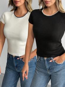 SHEIN Women Summer Casual Crew Neck Knit Top - Multicolor - View 1